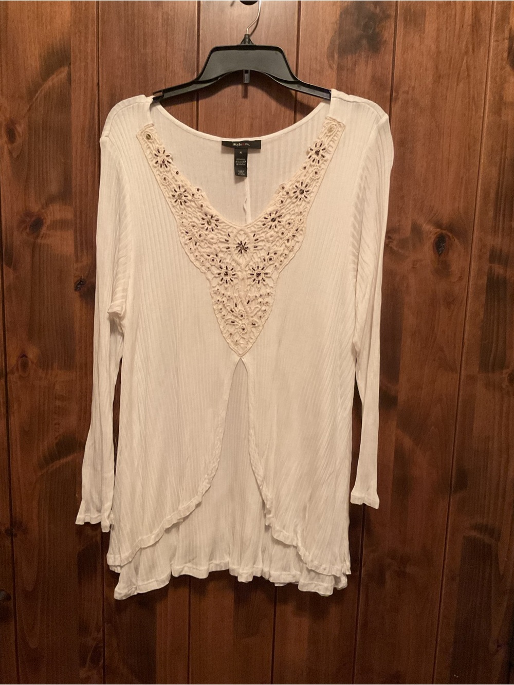 Style & Co. Cream Crochet V-Neck Long Sleeve Top